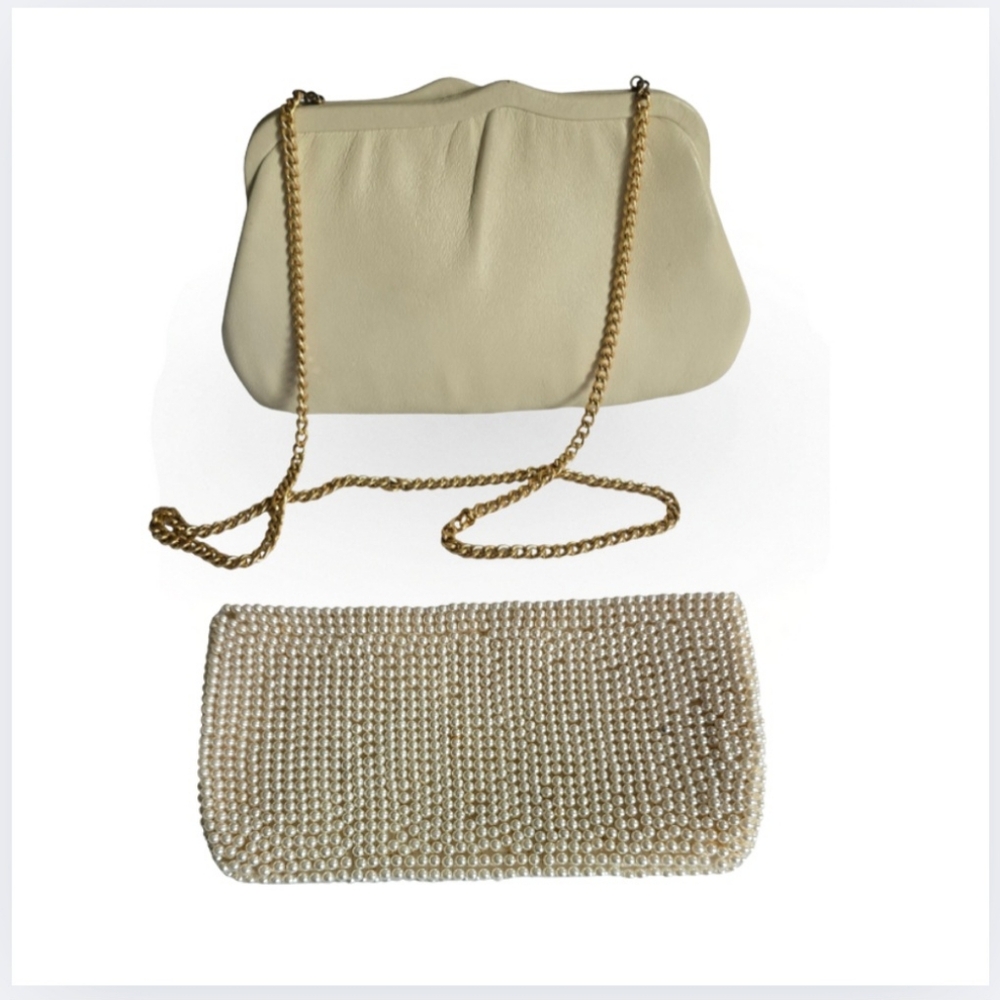Vintage Purses Bundle 2 Pack Cream Leather Shoulder Bag,Beaded Pearl Clutch